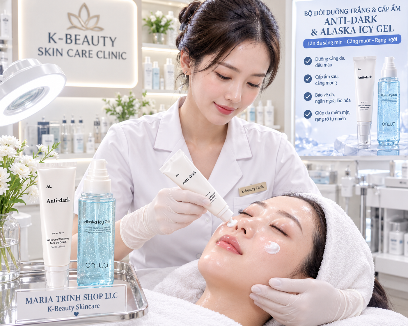 Combo anti dark cream & Alaska icy gel - Dưỡng trắng ngày ức chế sắc tố sạm khoẻ da căng bóng