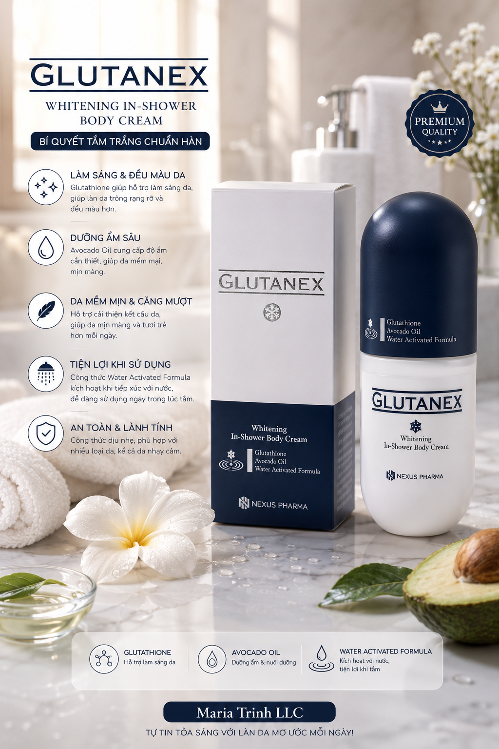 Sữa Tắm Glutanex Whitening In-Shower Body Cream 300mL - Ủ Tắm Trắng Da Body