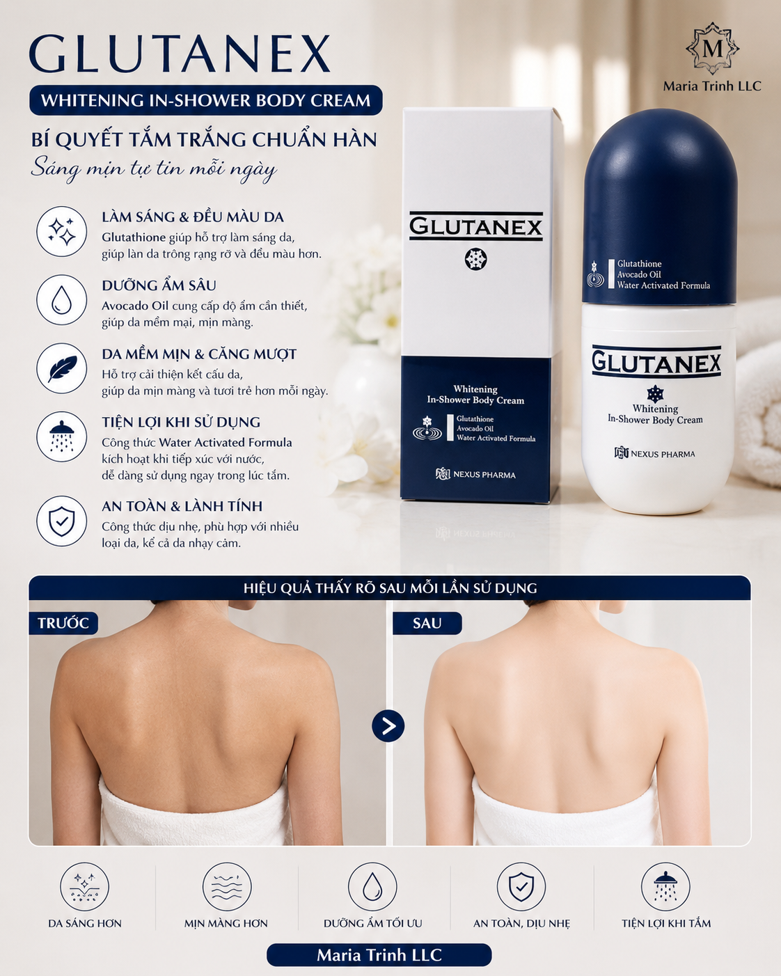 Sữa Tắm Glutanex Whitening In-Shower Body Cream 300mL - Ủ Tắm Trắng Da Body