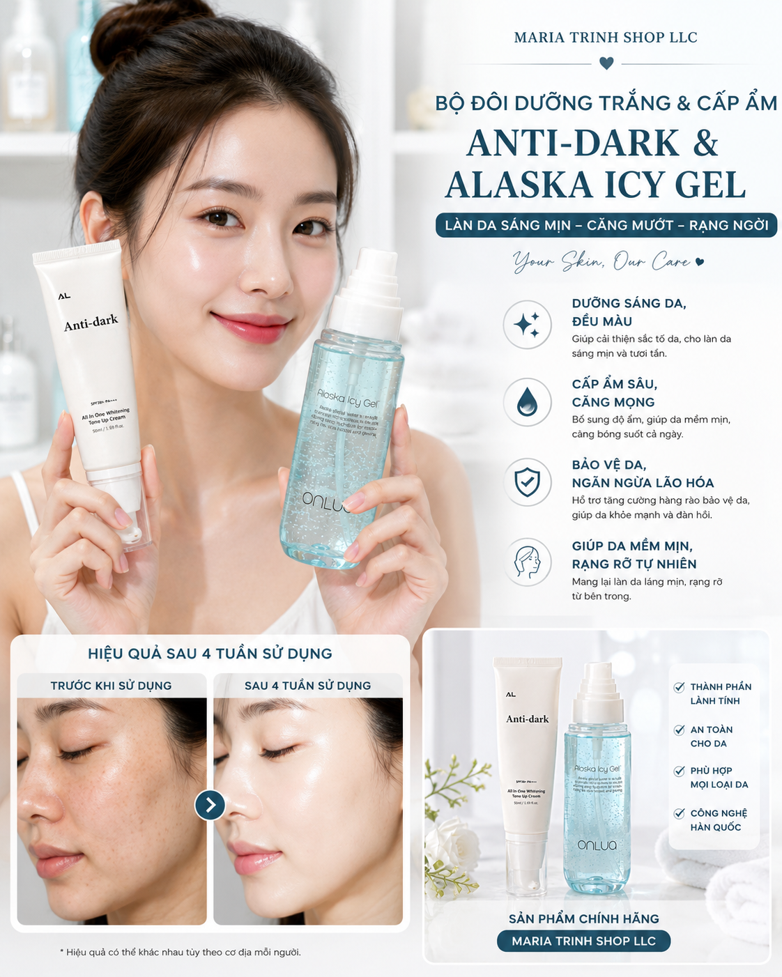 Combo anti dark cream & Alaska icy gel - Dưỡng trắng ngày ức chế sắc tố sạm khoẻ da căng bóng